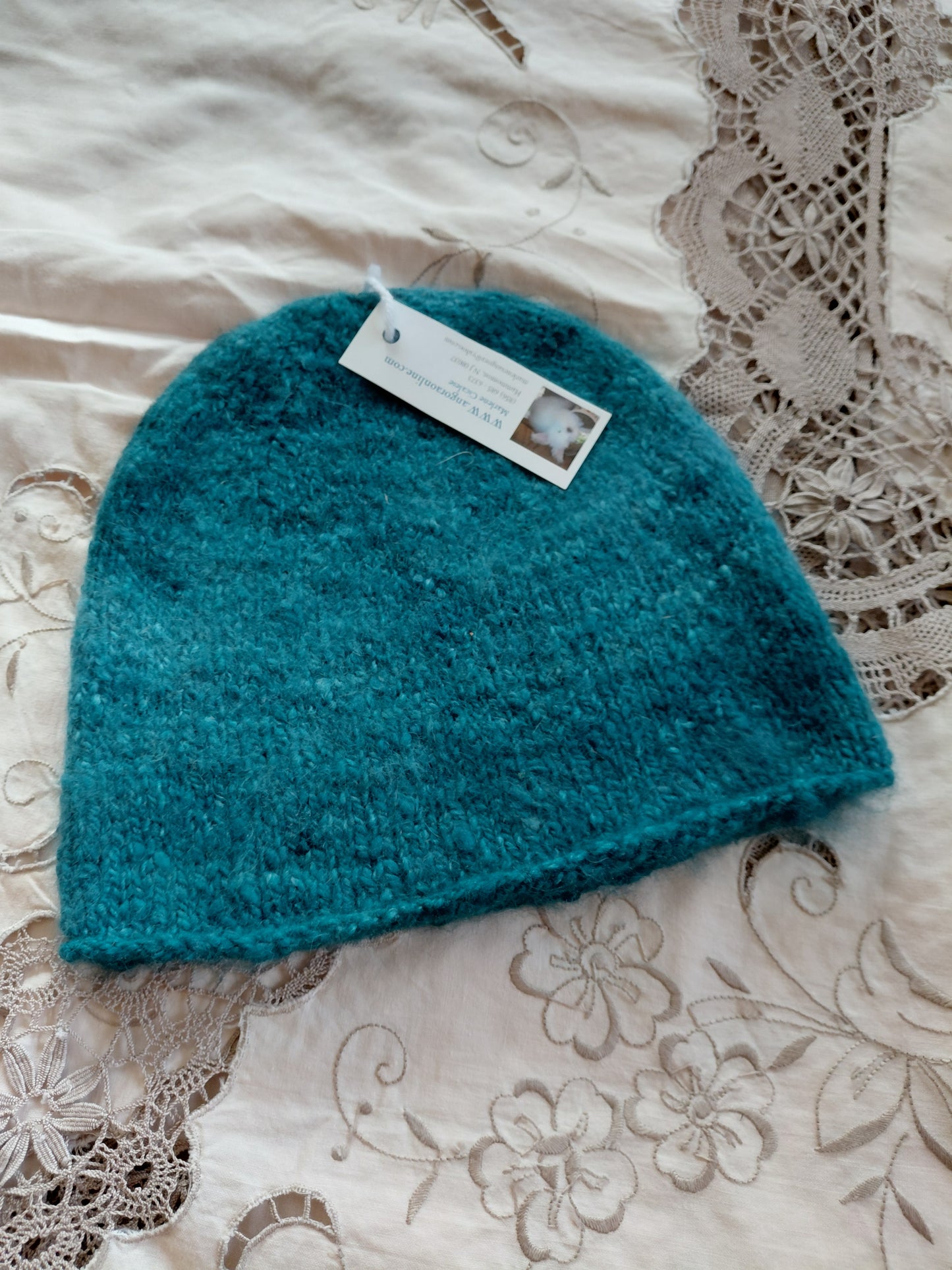 Hand-Knitted Teal Blue Angora Rabbit Hat - 100% Angora & Merino Blend
