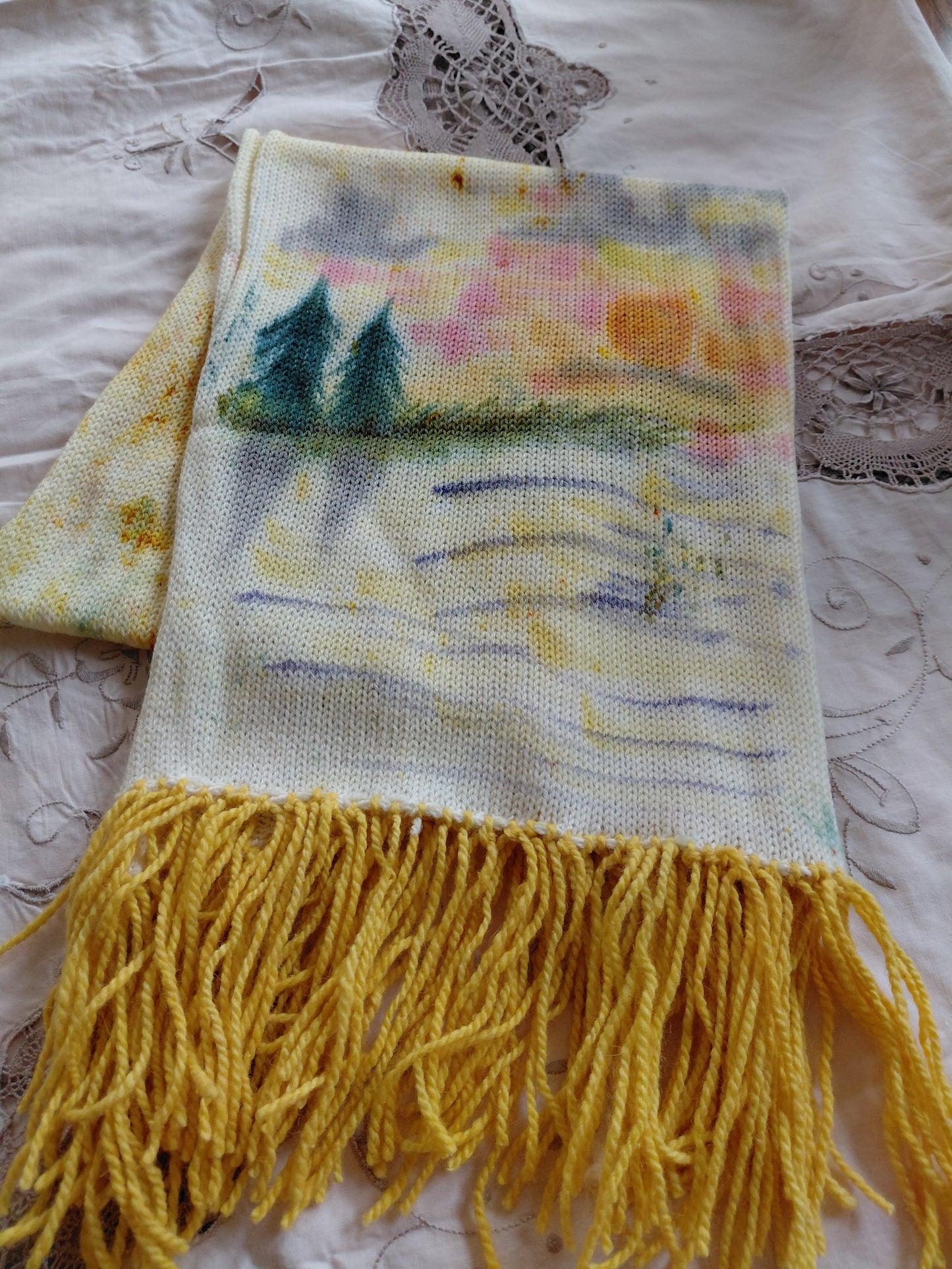 Hand Painted Merino Scarf - Lakes edge