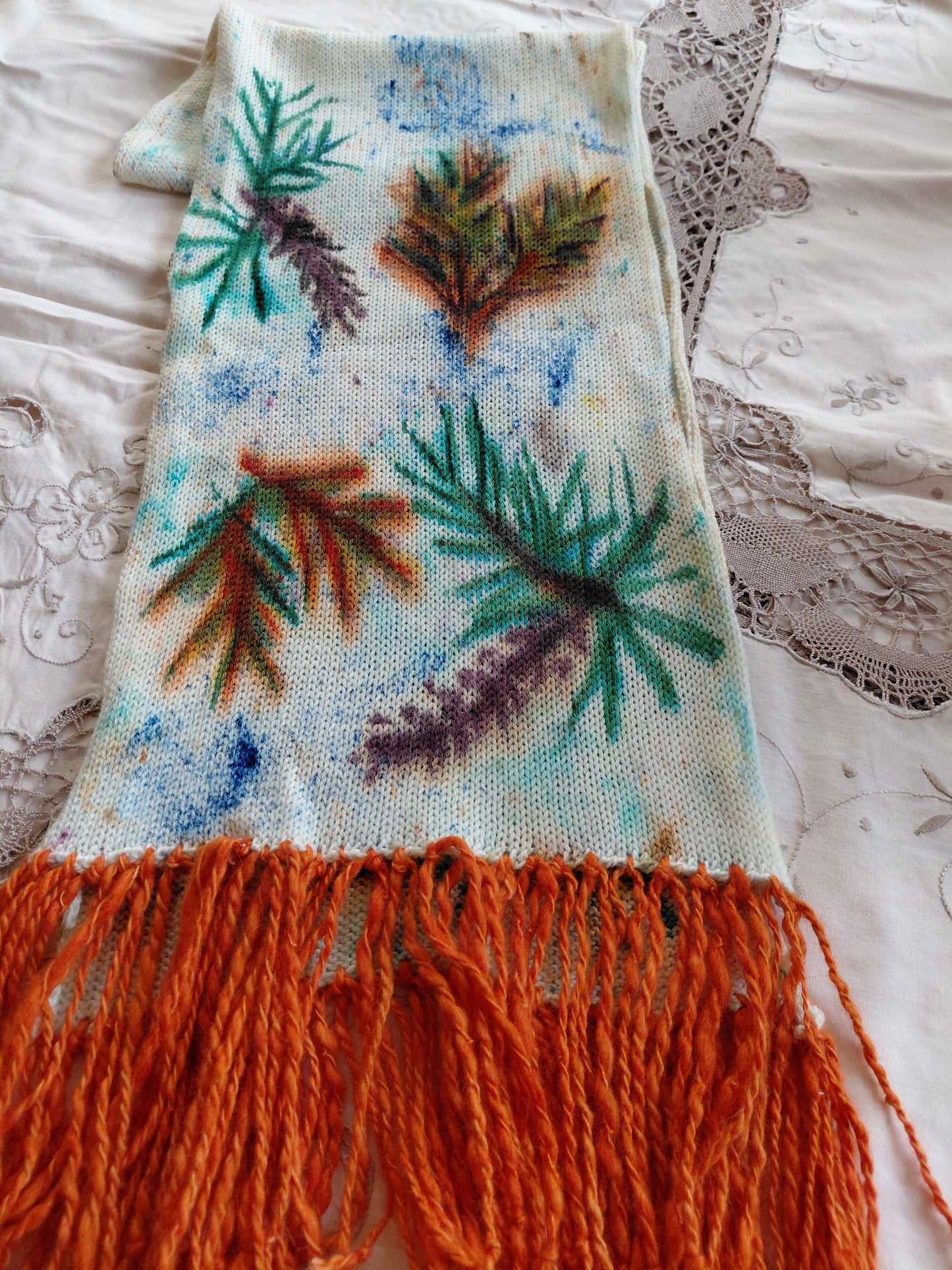 Hand Painted Merino Scarf - Pine cones in Autumn