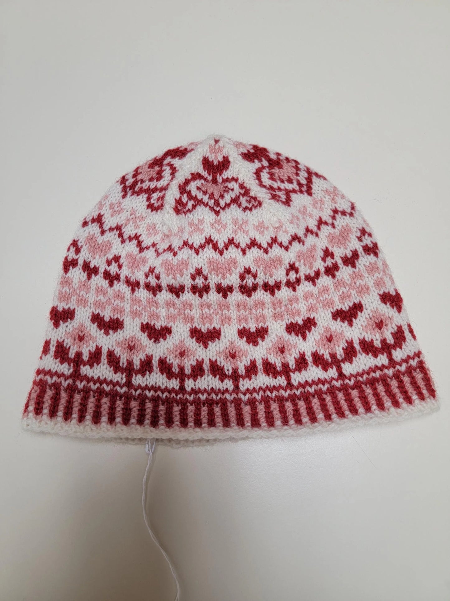 Handknit 100% Wool Soft Red Colorwork Hat