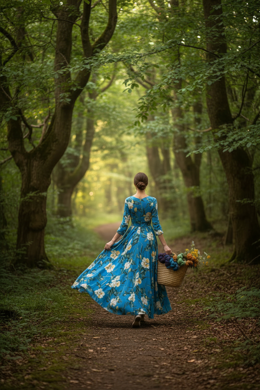 Woman in blue floral dress and straw hat with yarn-filled basket walking into forest