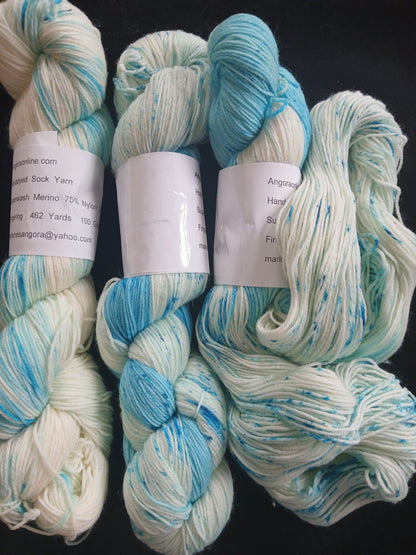 Hand Dyed Speckled Yarn, Turquoise blue, SW Merino Nylon Fingering image 2