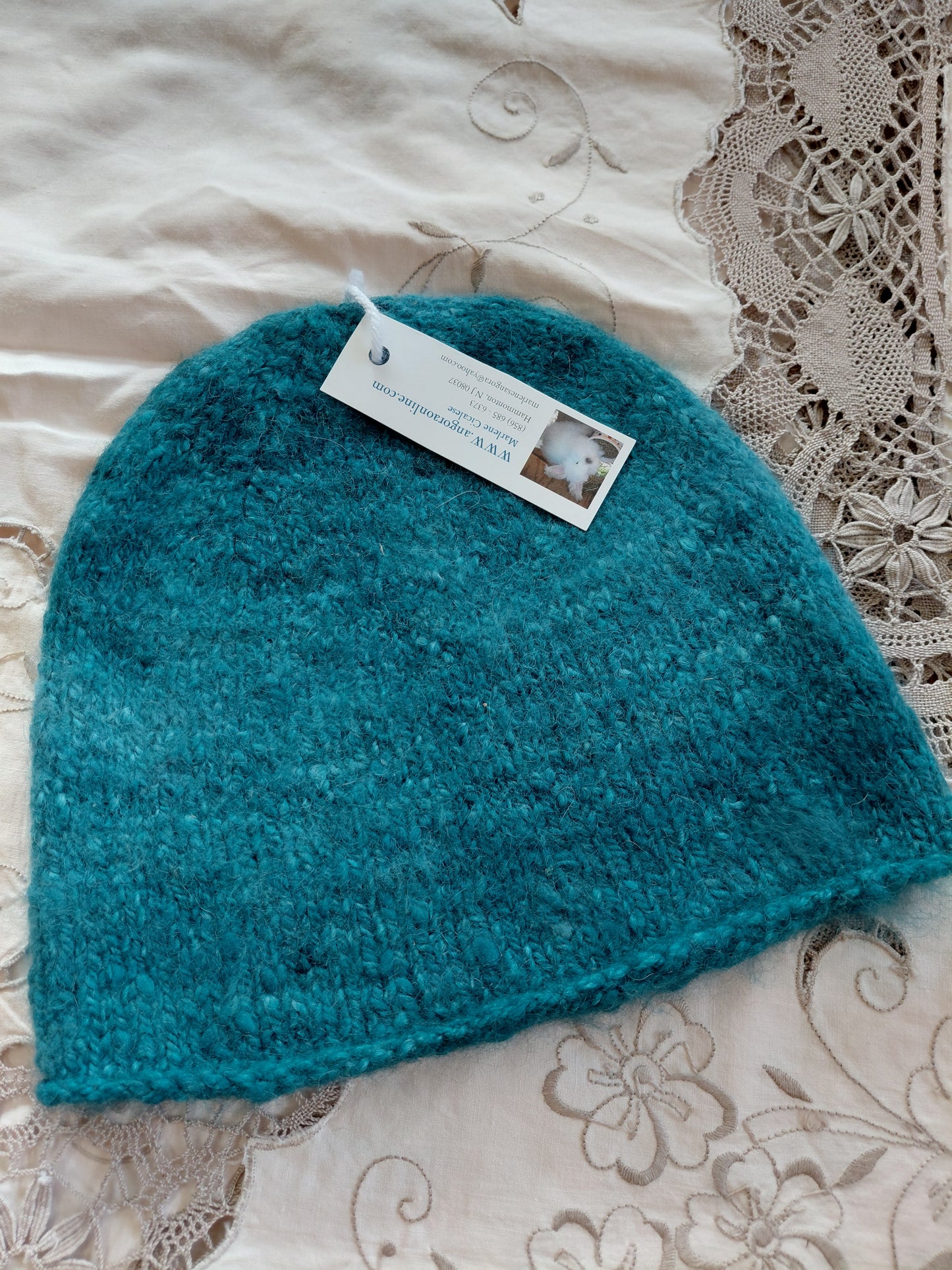Hand-Knitted Teal Blue Angora Rabbit Hat - 100% Angora & Merino Blend