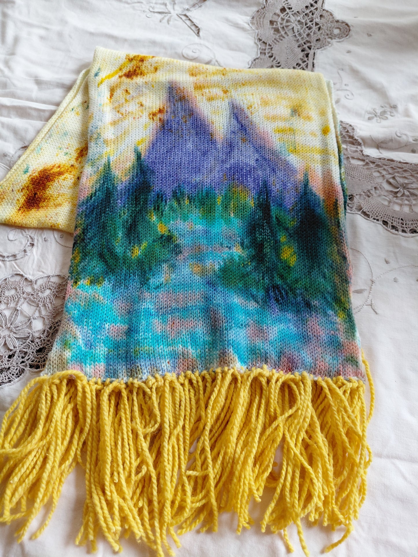 Hand Painted Merino Scarf - purple mountains river view