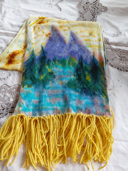 Hand Painted Merino Scarf - purple mountains river view