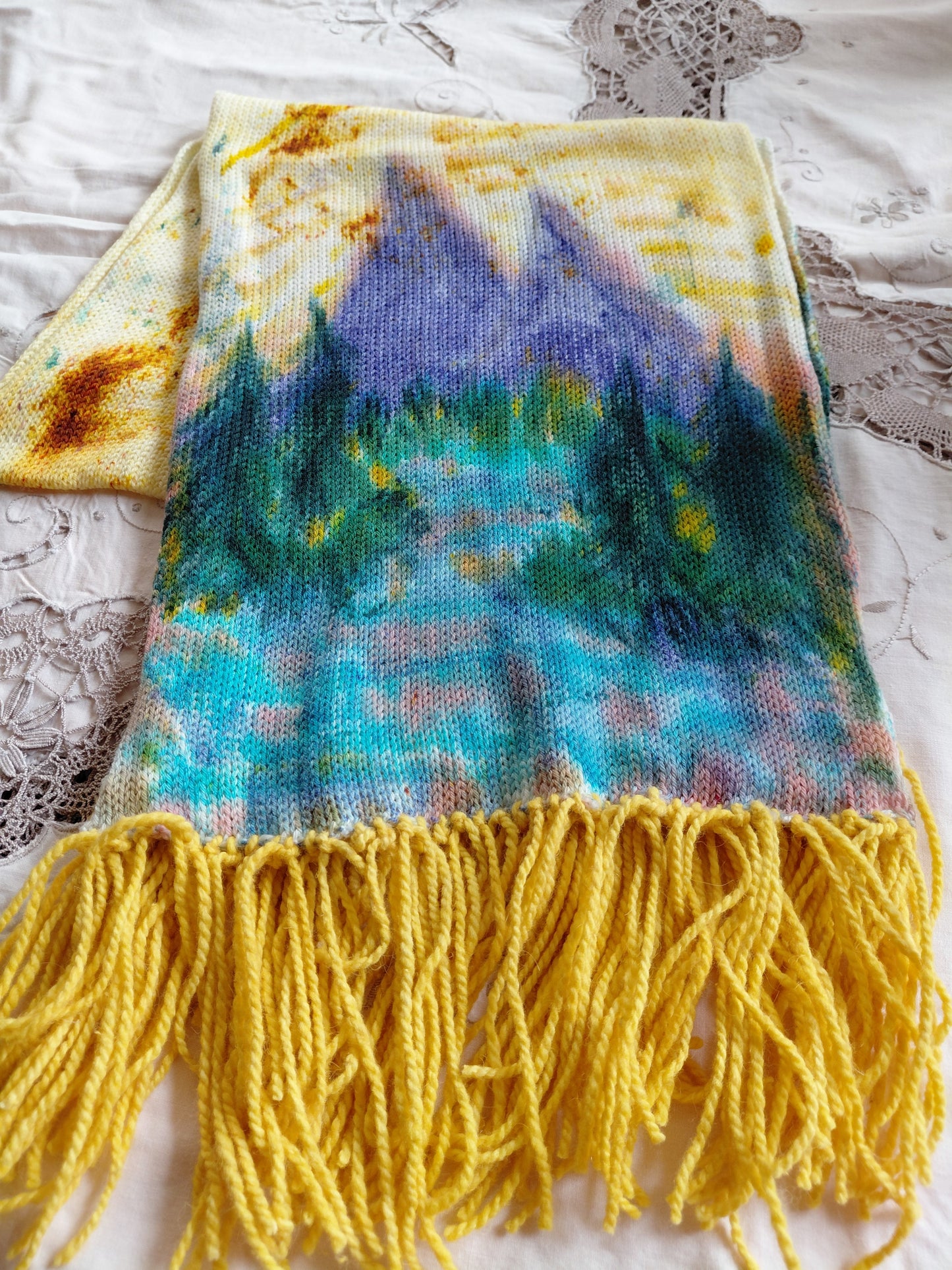 Hand Painted Merino Scarf - purple mountains river view