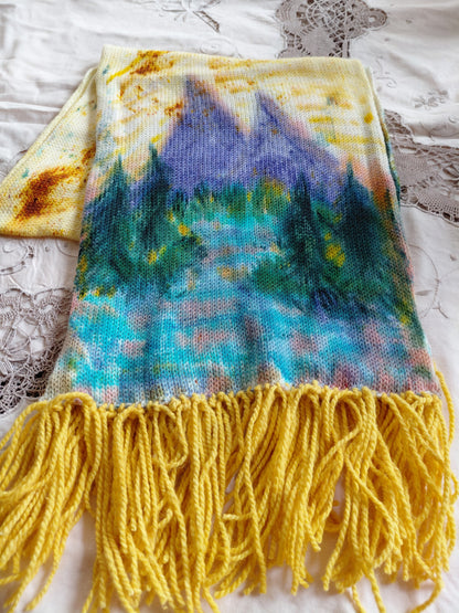 Hand Painted Merino Scarf - purple mountains river view