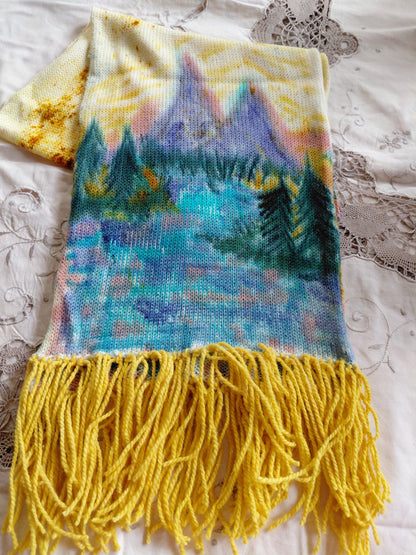 Hand Painted Merino Scarf - purple mountains river view