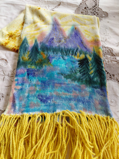 Hand Painted Merino Scarf - purple mountains river view