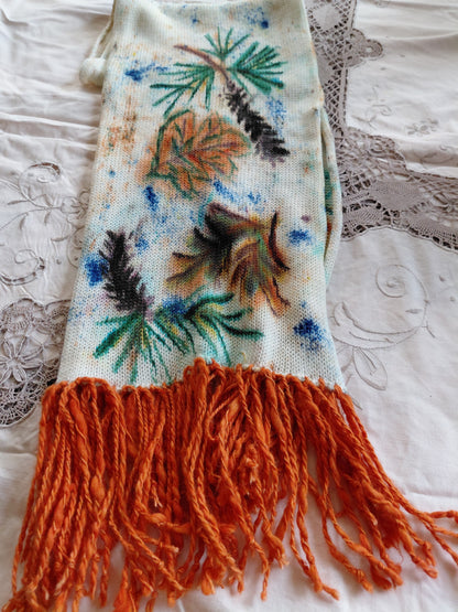 Hand Painted Merino Scarf - Pine cones in Autumn