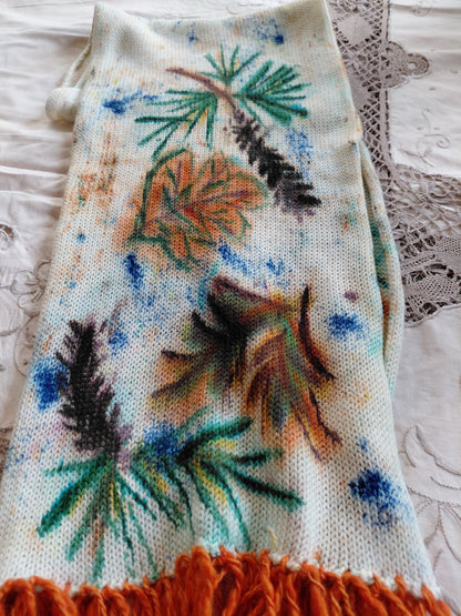 Hand Painted Merino Scarf - Pine cones in Autumn