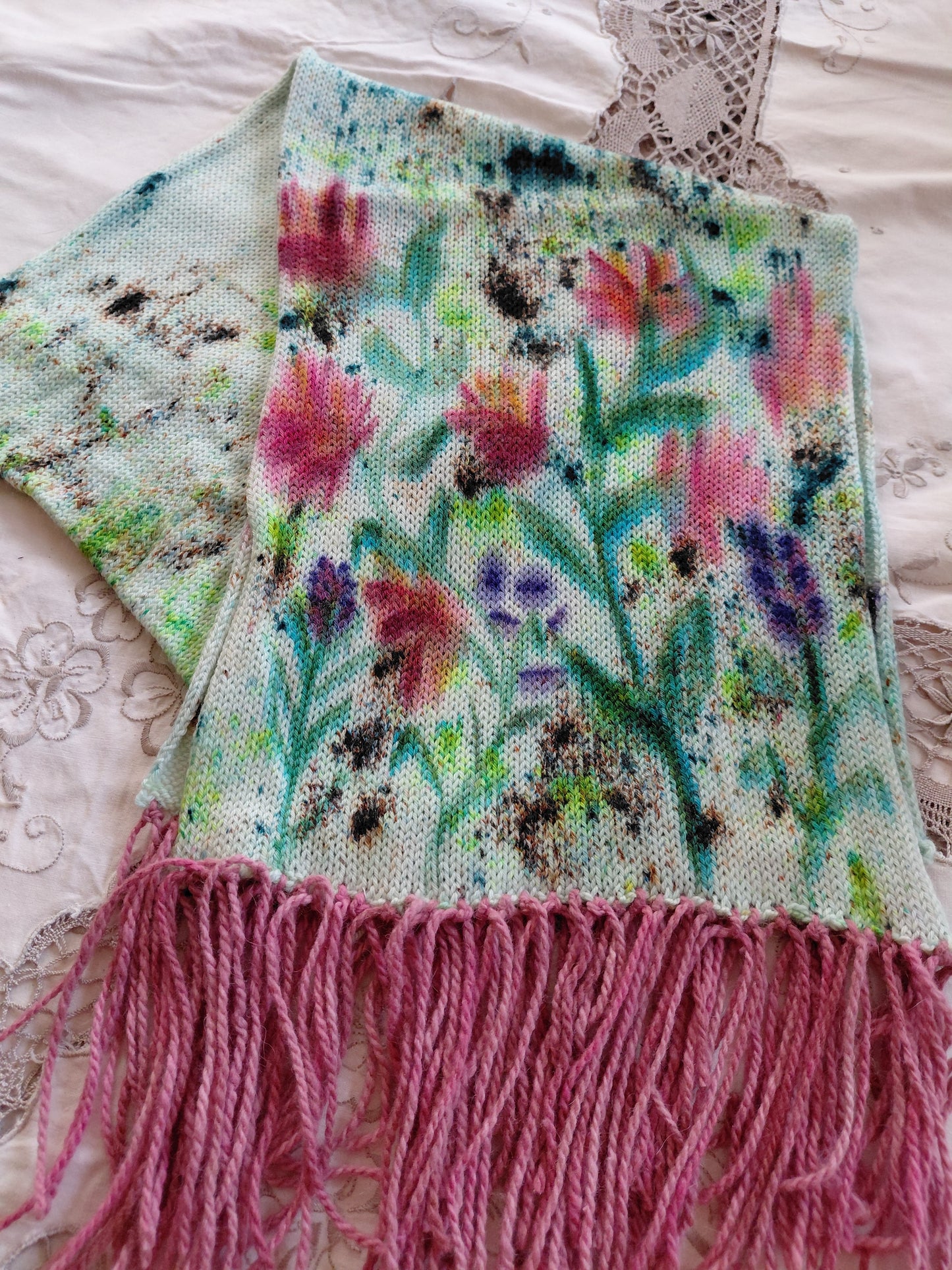Hand Painted Merino Scarf - Floral Rose Garden