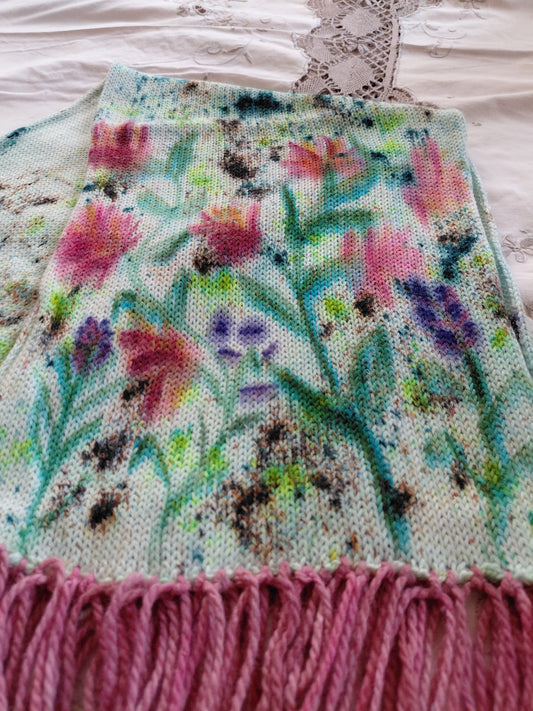 Hand Painted Merino Scarf - Floral Rose Garden