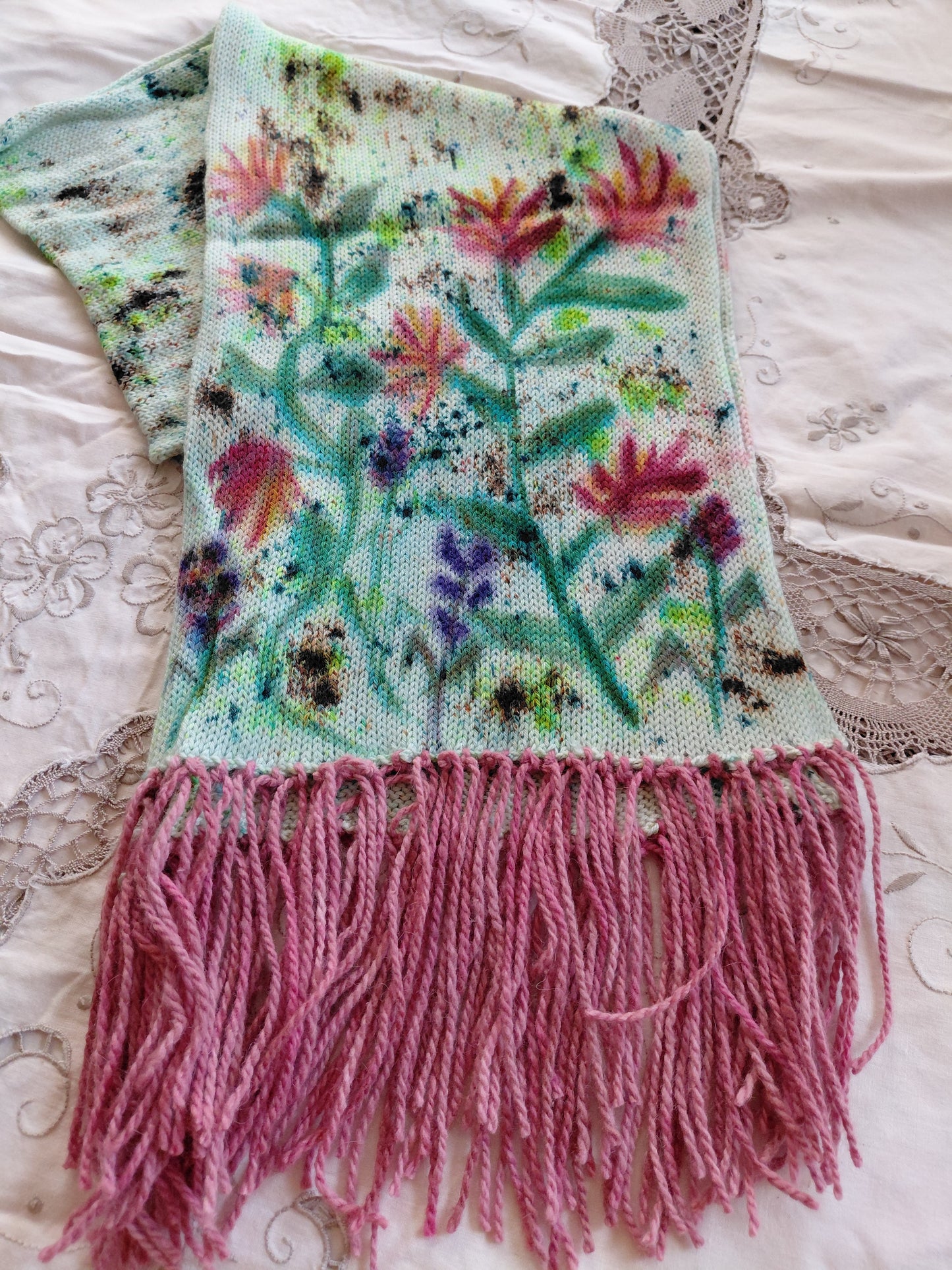 Hand Painted Merino Scarf - Floral Rose Garden