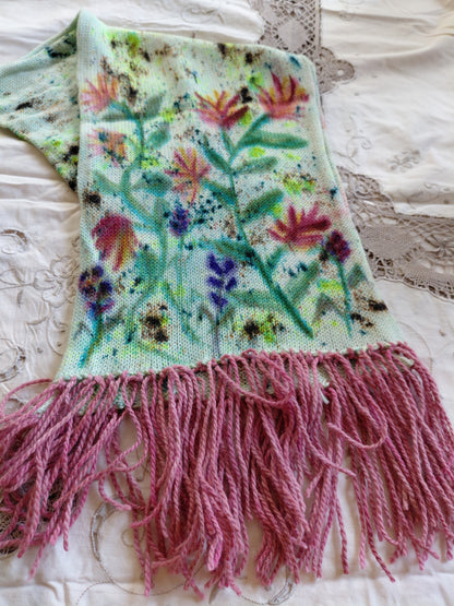 Hand Painted Merino Scarf - Floral Rose Garden