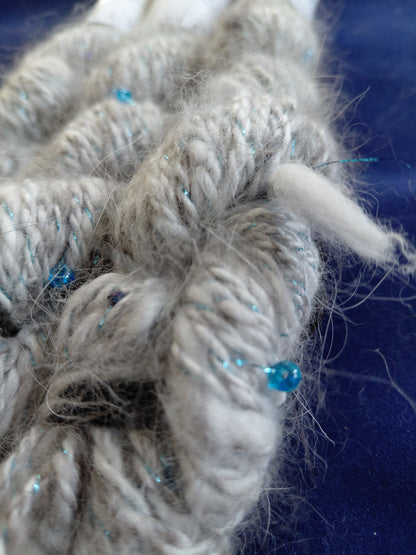 Handspun Beaded Natural Blue Angora Yarn