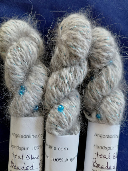 Handspun Beaded Natural Blue Angora Yarn