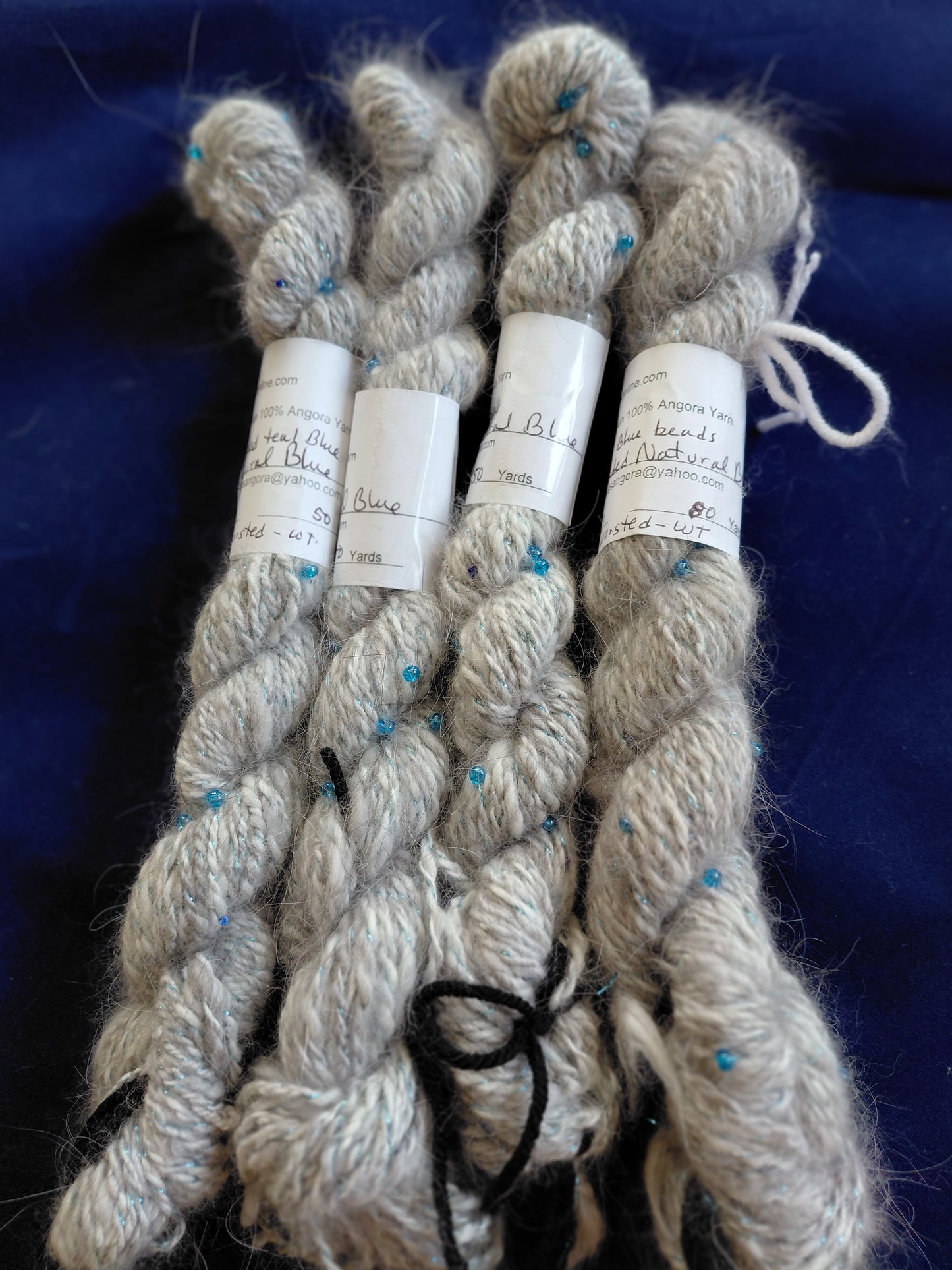 Handspun Beaded Natural Blue Angora Yarn