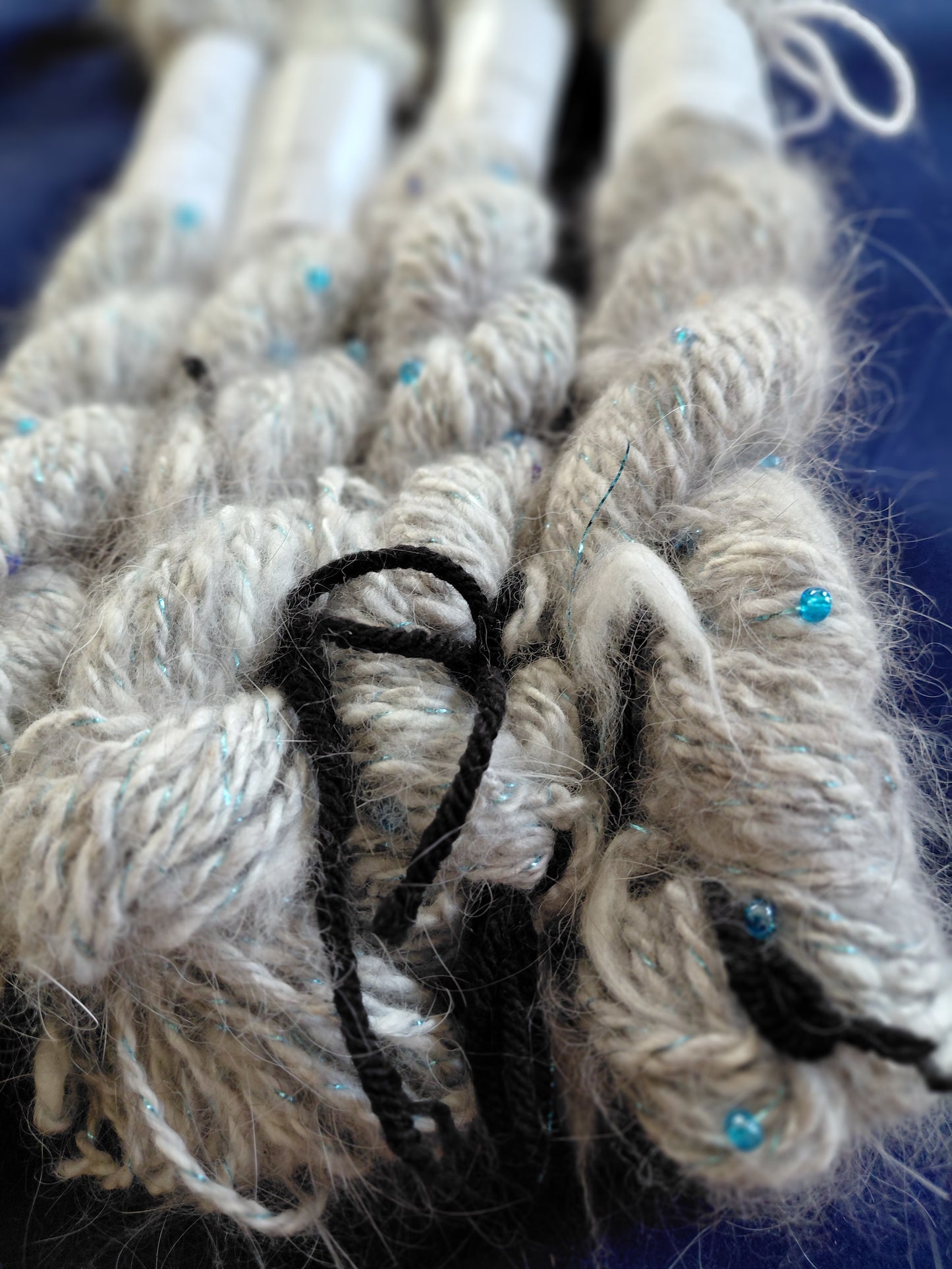Handspun Beaded Natural Blue Angora Yarn