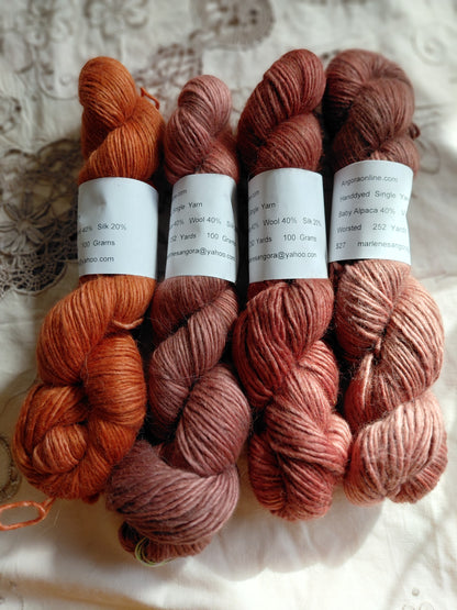 Hand-Dyed Baby Alpaca Wool Silk Yarn - Worsted Weight, 252 Yards - Warm Earth Tones