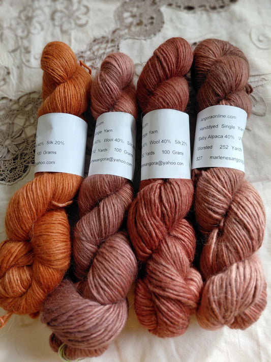 Hand-Dyed Baby Alpaca Wool Silk Yarn - Worsted Weight, 252 Yards - Warm Earth Tones