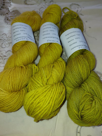 Hand Dyed Merino Yarn, Worsted Weight, Gold & Mustard, 218 yd