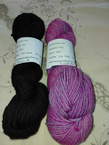 Hand Dyed Black Merino Yarn, Worsted, 218 yd.