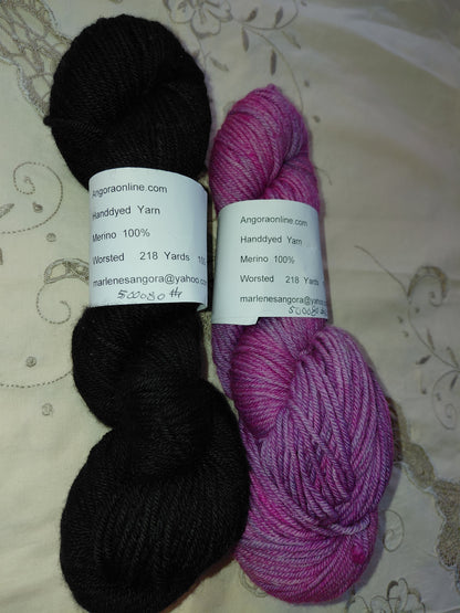 Hand Dyed Black Merino Yarn, Worsted, 218 yd.