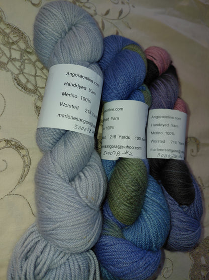 Hand Dyed Merino Yarn, Worsted, 218 yd.