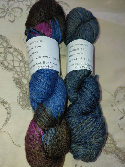 Hand Dyed Merino Yarn, Worsted, 218 yd.