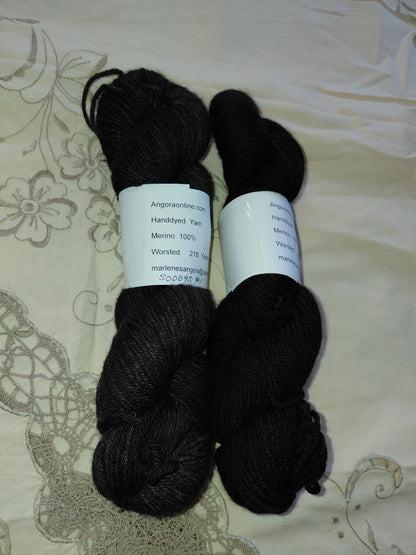 Hand Dyed Black Merino Yarn, Worsted, 218 yd.