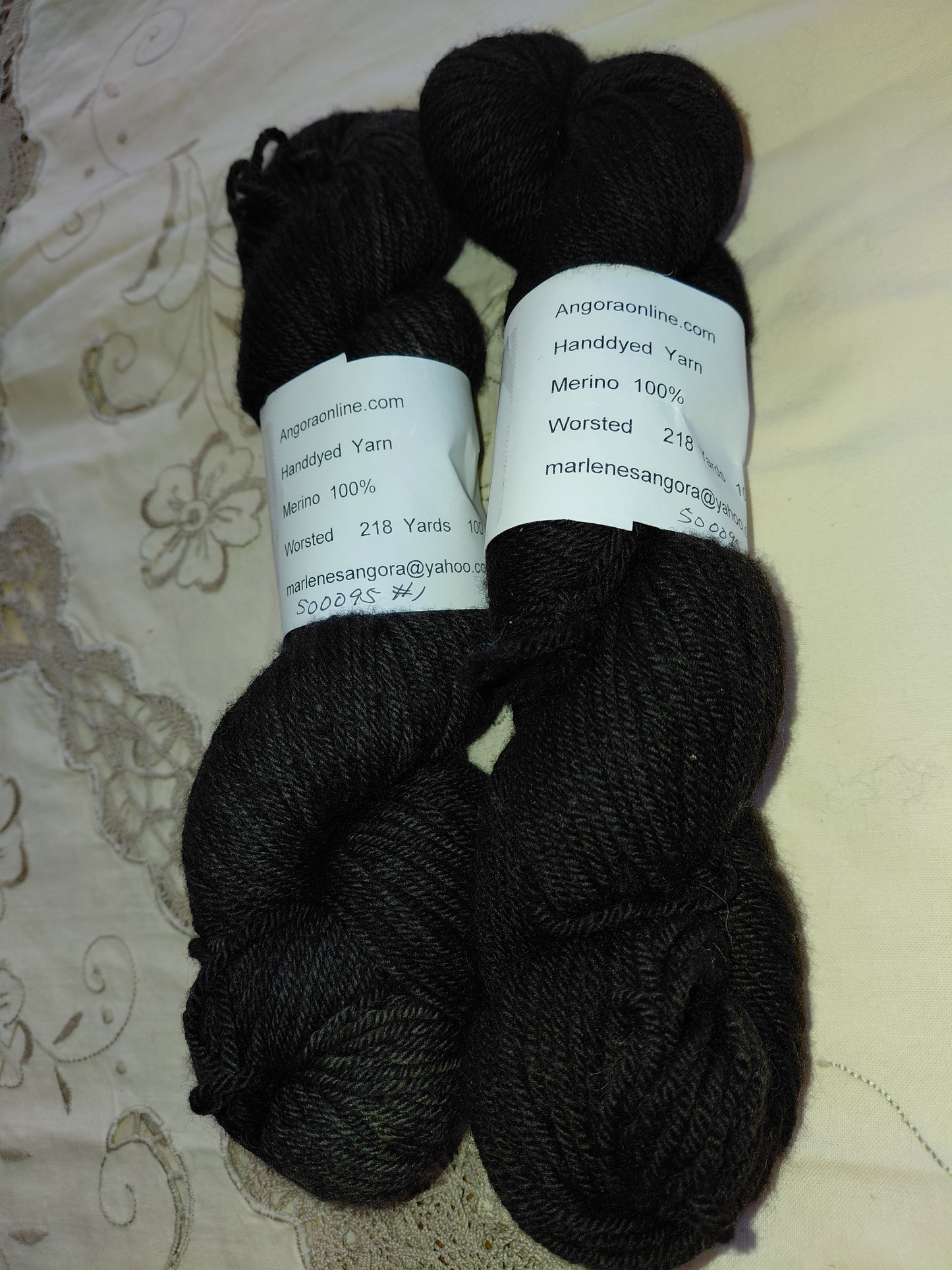 Hand Dyed Black Merino Yarn, Worsted, 218 yd.