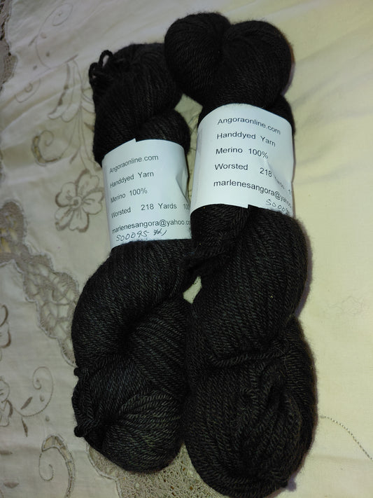 Hand Dyed Black Merino Yarn, Worsted, 218 yd.