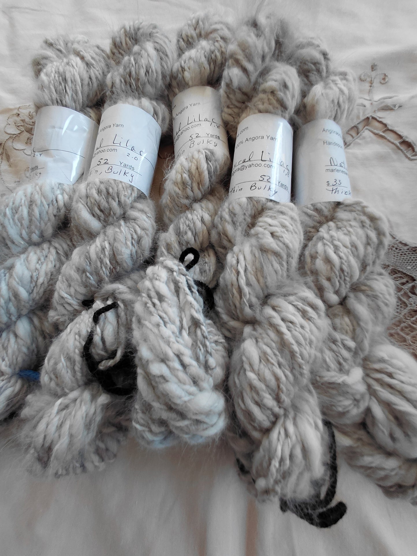 Handspun Natural Lilac Angora Yarn, Thick N Thin, Bulky