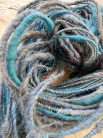 Handspun Corespun Merino Silk Art Yarn - Thick N Thin, Bulky Weight, Corespun -