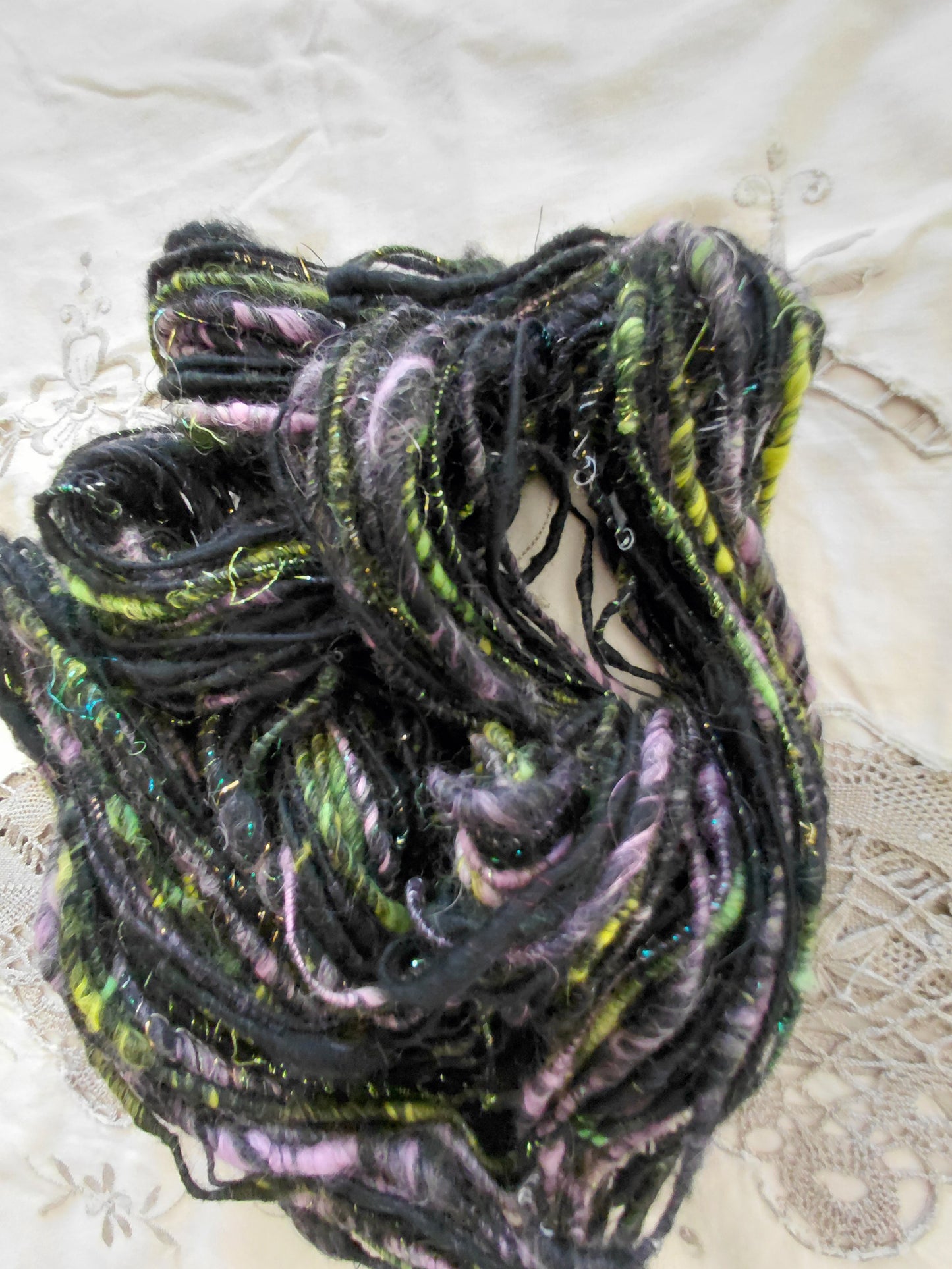 Handspun Corespun Merino Angora Art Yarn - Thick N Thin, Bulky Weight, Corespun - 56 Yards