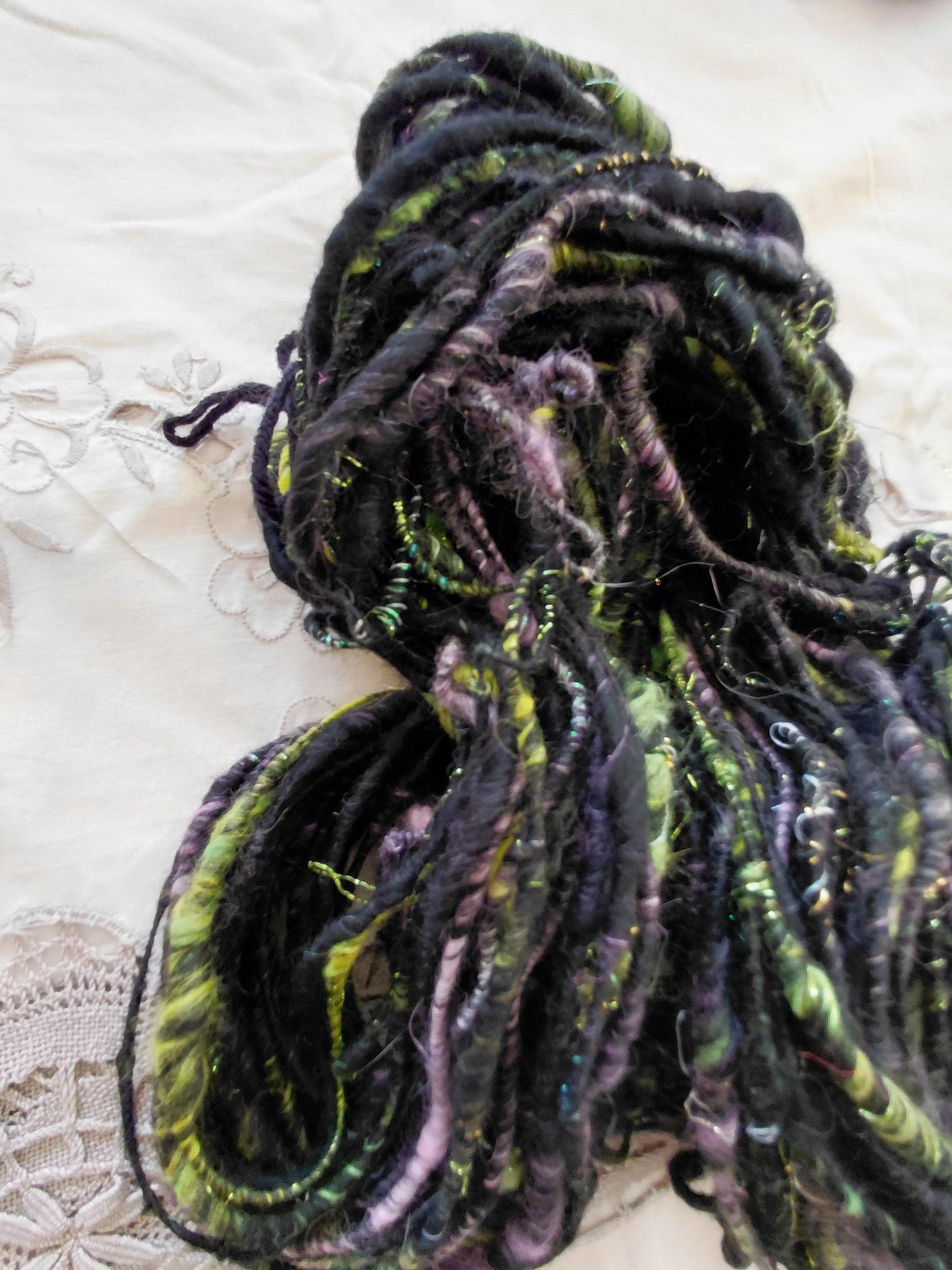 Handspun Corespun Merino Angora Art Yarn - Thick N Thin, Bulky Weight, Corespun - 56 Yards