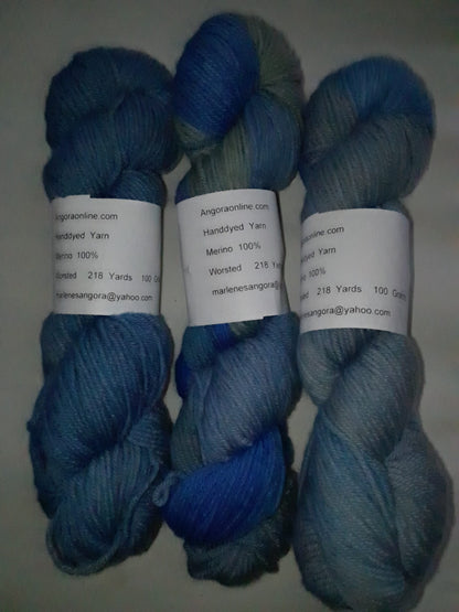 Hand Dyed Blue Merino Yarn, Worsted, 218 yd. image 1