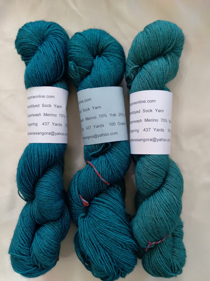 Hand dyed Teal blue Yak and Merino Yarn, 437 yd. Teal Sock Yarn image 0