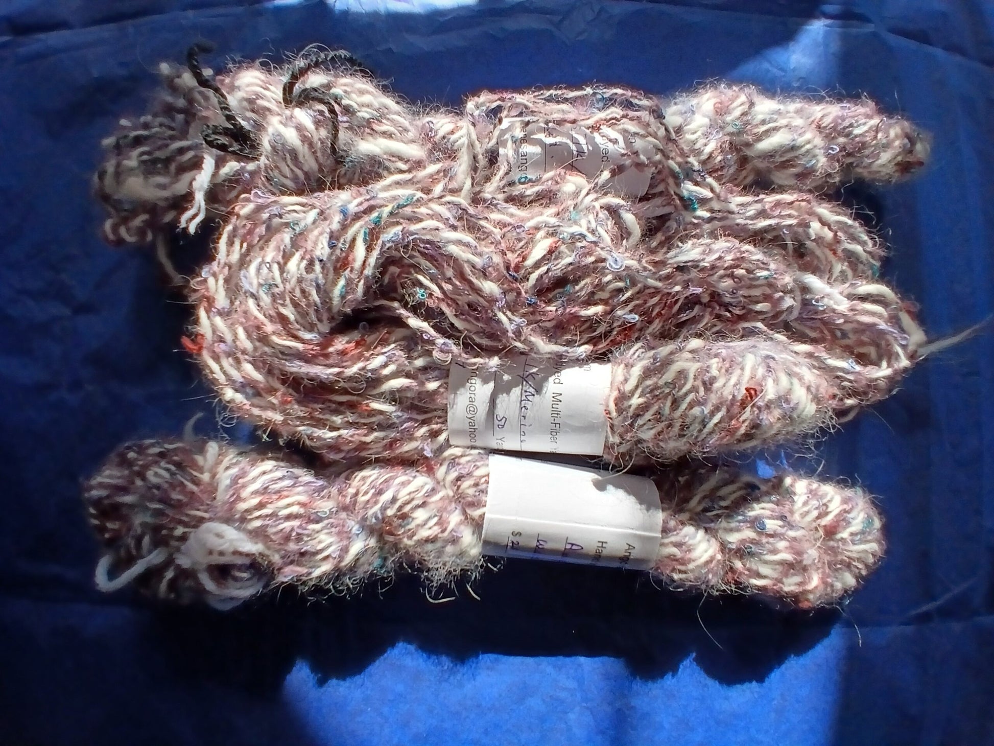 Handspun White Angora plied with a cotton boucle thread Yarn, Worsted image 0