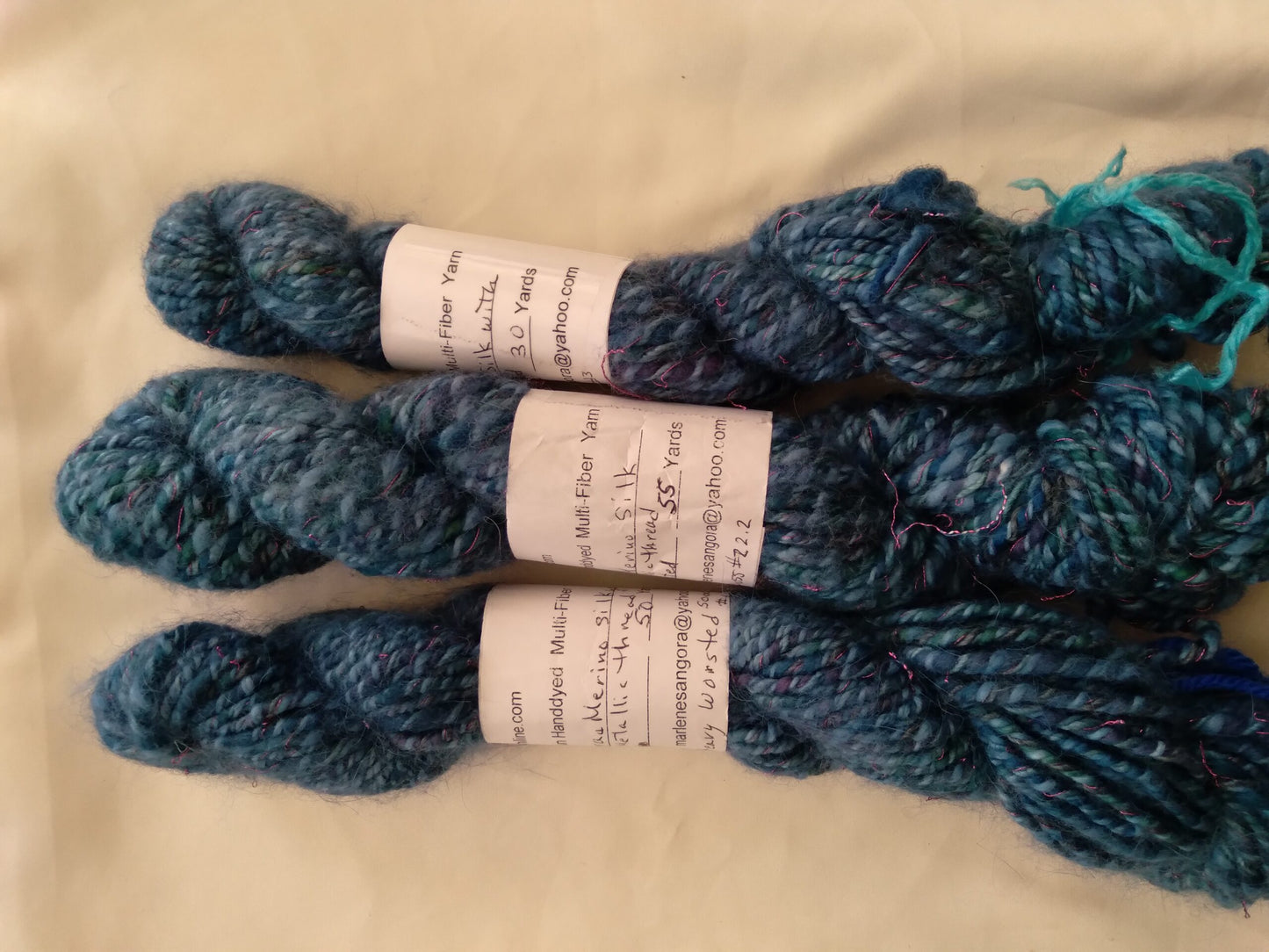 Handspun Hand dyed Angora Merino and Silk Yarn, worsted wt. image 1