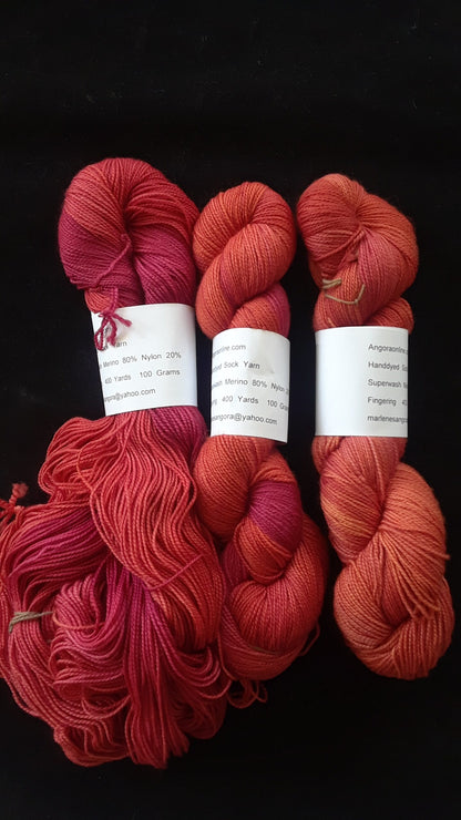 Hand dyed Yarn, Variegated Merino Nylon Yarn, Coral Sock Fingering Weight Yarn image 1