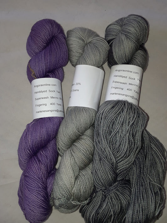 Hand dyed Yarn Shades of Gray & Plum yarn Fingering Yarn, 3 skein Set image 0