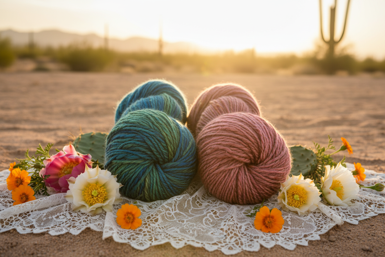 Angora Merino Alpaca Silk Skeins on White Lace Shawl in Desert Bloom