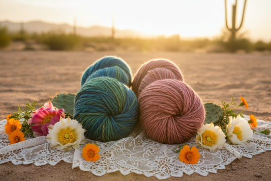 Angora Merino Alpaca Silk Skeins on White Lace Shawl in Desert Bloom