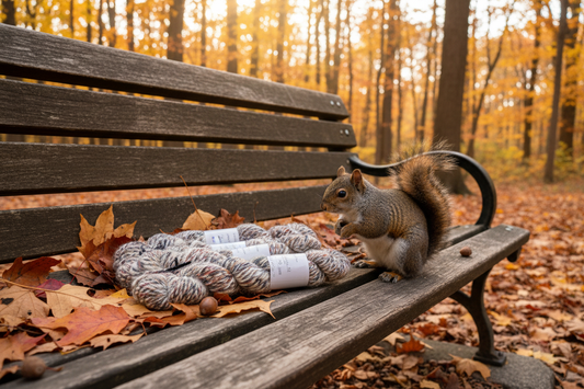 Angora Merino Silk Skeins on Autumn Bench with Squirrel