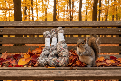 Angora Merino Silk Skeins on Autumn Bench with Squirrel