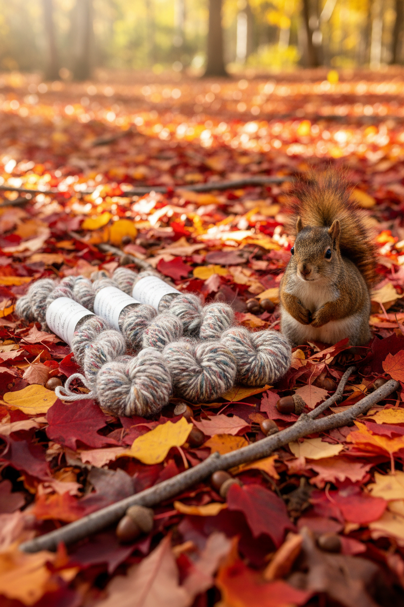 Angora Merino Silk Skeins on Autumn Leaves with Squirrel
