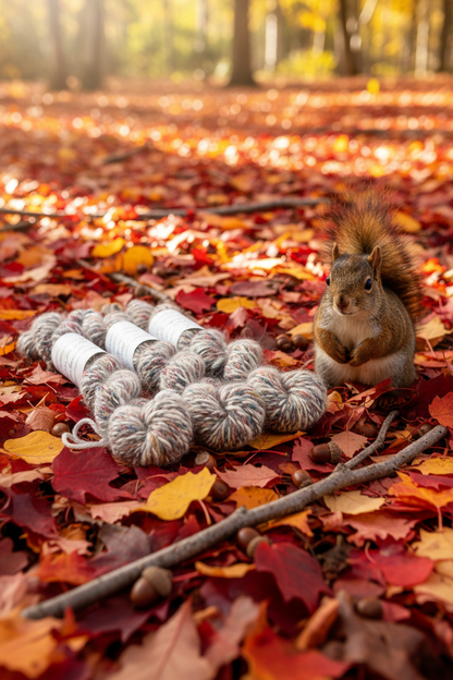 Angora Merino Silk Skeins on Autumn Leaves with Squirrel