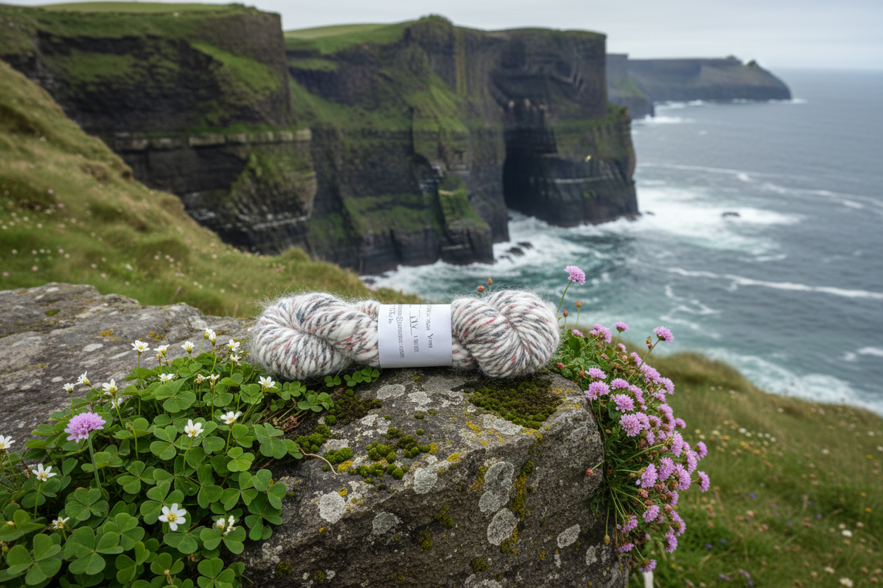 Angora Merino Silk Skeins on Coastal Rock with Shamrock